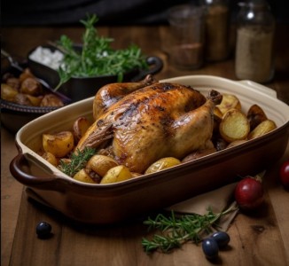 Pintade rôtie aux herbes de Provence et pommes de terre fondantes